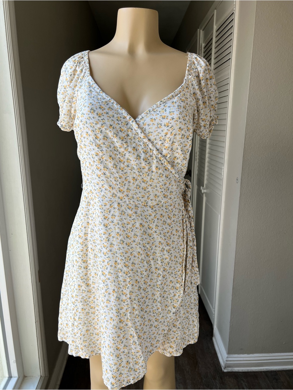 Hollister White Mini Wrap Dress with Yellow Floral Print
